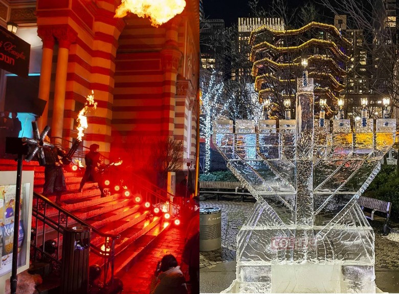 Это коллаж. Фото с прошлогодней Хануки в Синагоге - и ледяная ханукия в хабадской общине Манхеттена. Какой будет петербургская ледяная ханукия? Приходите на праздник и увидите! 