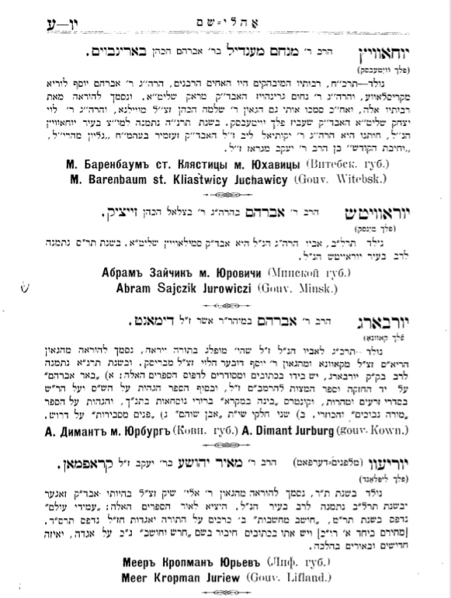 Страница из справочника «Оалей Шем» с краткими  биографиями известных раввинов